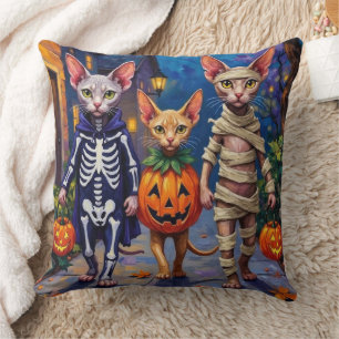Sphynx Cats Trick-or-Treating in Halloween Costume Throw Pillow