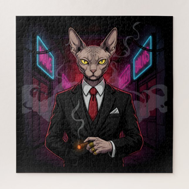 Sphynx Mafia Cat in Neon Noir Style Jigsaw Puzzle (Vertical)