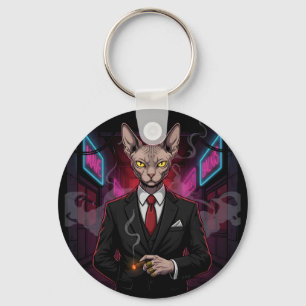 Sphynx Mafia Cat in Neon Noir Style Keychain