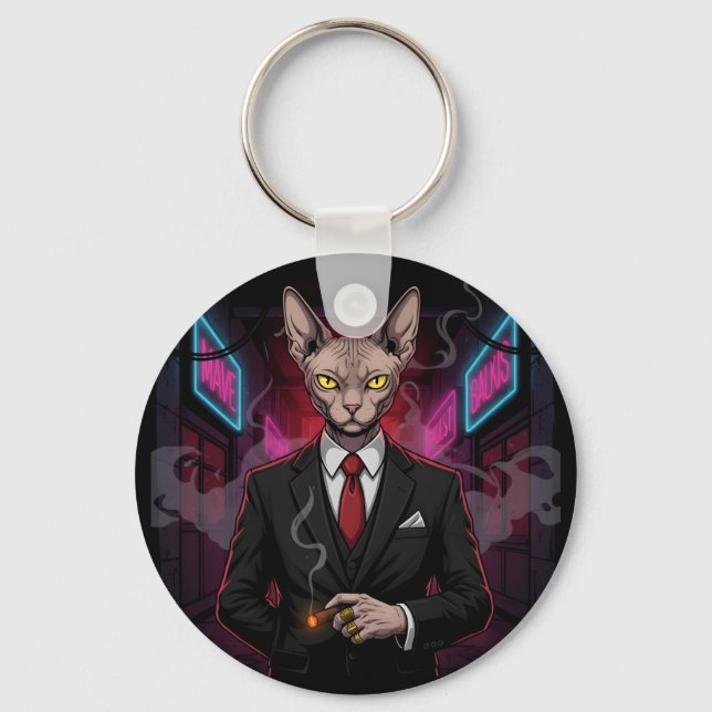 Sphynx Mafia Cat in Neon Noir Style Keychain (Front)