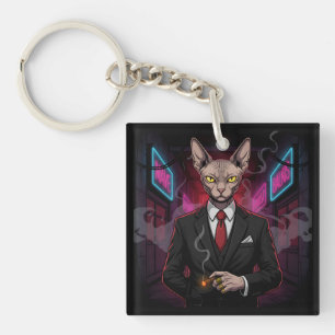 Sphynx Mafia Cat in Neon Noir Style Keychain