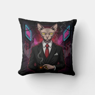 Sphynx Mafia Cat in Neon Noir Style Throw Pillow