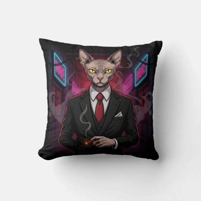 Sphynx Mafia Cat in Neon Noir Style Throw Pillow (Front)
