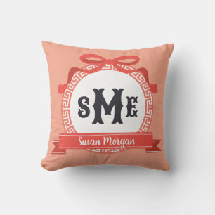 Spice Coral Peach Reverse Greek Key Bow Monogram Throw Pillow