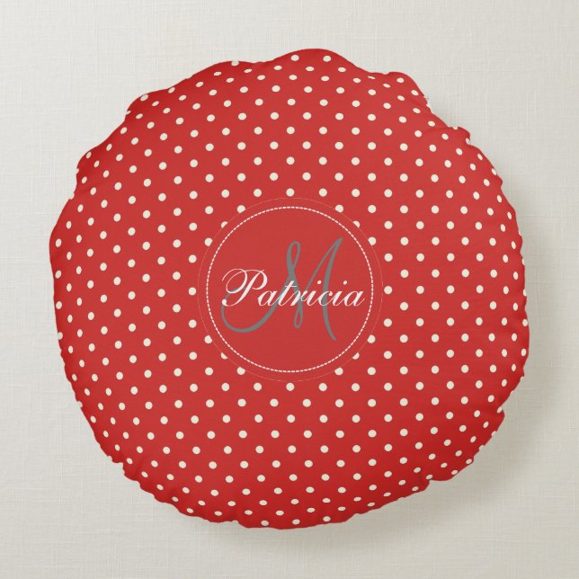 Spice up Your Space: Custom Tomato Red & White Dot Round Pillow (Back)