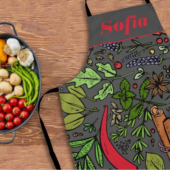 Spices pattern custom name grey apron (Creator Uploaded)