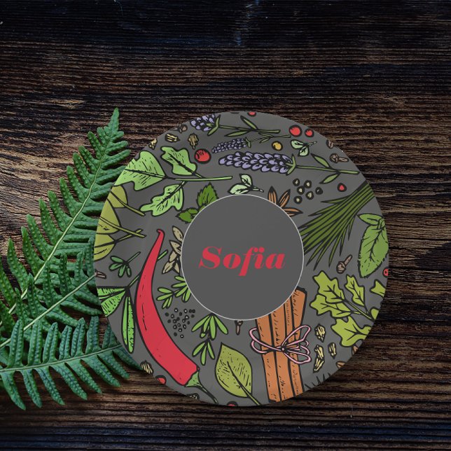 Spices pattern custom name grey paper plates (Creator Uploaded)
