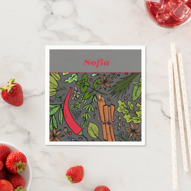 Spices pattern custom  name grey white napkin (Insitu)