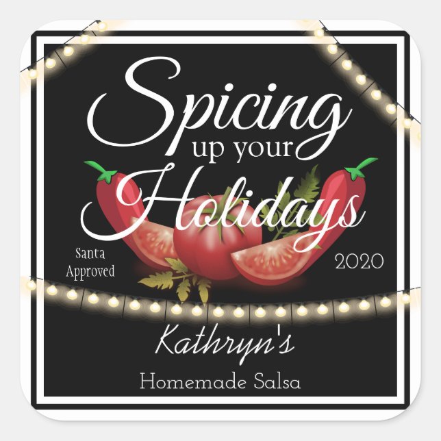 "Spicing Up Your Holidays" Personalized Salsa Square Sticker (Front)