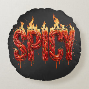 Spicy Chili Pepper Fire Typography Foodie Hot Sauc Round Pillow