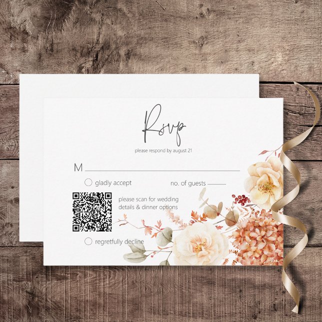 Spicy Fall Rust & Blush Boho Floral QR Code RSVP Card (Spicy Fall Rust & Blush Boho Floral Wedding Response Card with QR Code)