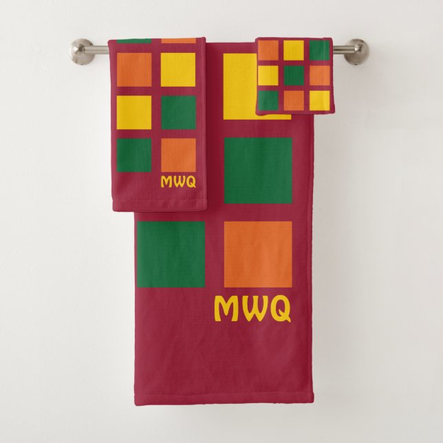 Spicy Geometric Squares Monogram Bath Towel Set (Insitu)