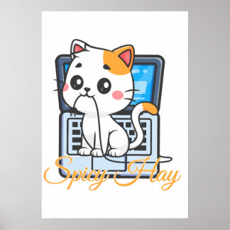 Spicy Hay Funny Cat Biting Cord Kawaii Art Poster