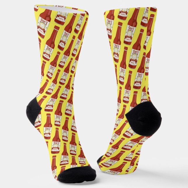 Spicy Hot Sauce Salsa Cat Fun Food Pattern Yellow Socks (Angled)