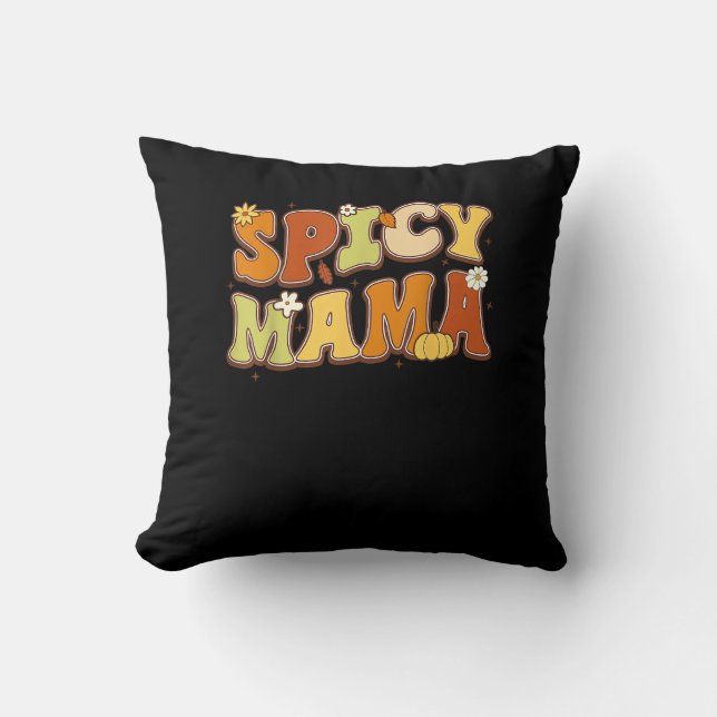 Spicy Mama Happy It’s Fall Y’all Groovy Retro Throw Pillow (Front)