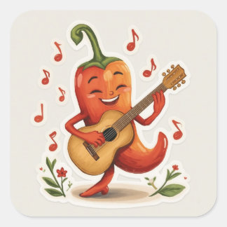 Spicy Melodies – Cheerful Chili Pepper Guitar Square Sticker