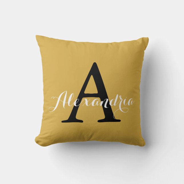 Spicy Mustard Yellow Solid Colour Modern Monogram Throw Pillow (Front)