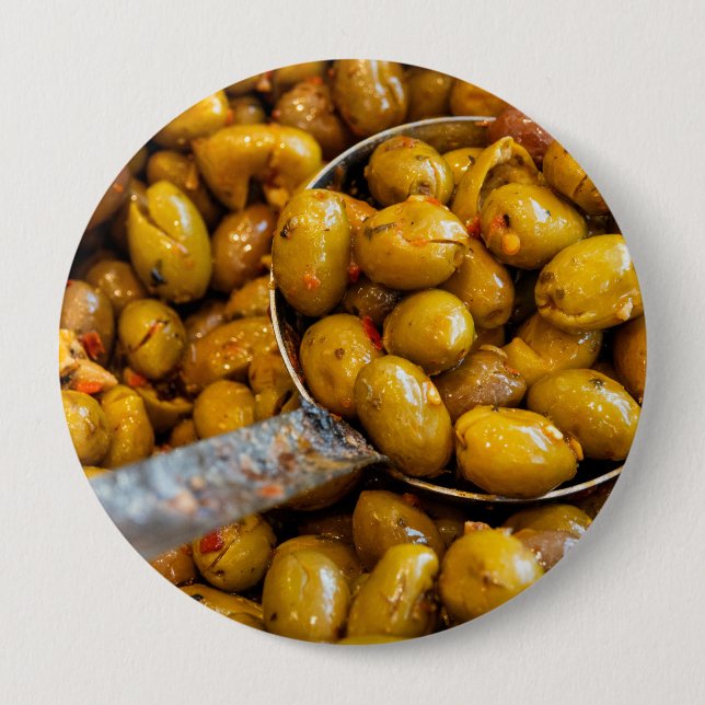 Spicy Nocellara Etnea olives 4 Inch Round Button (Front)