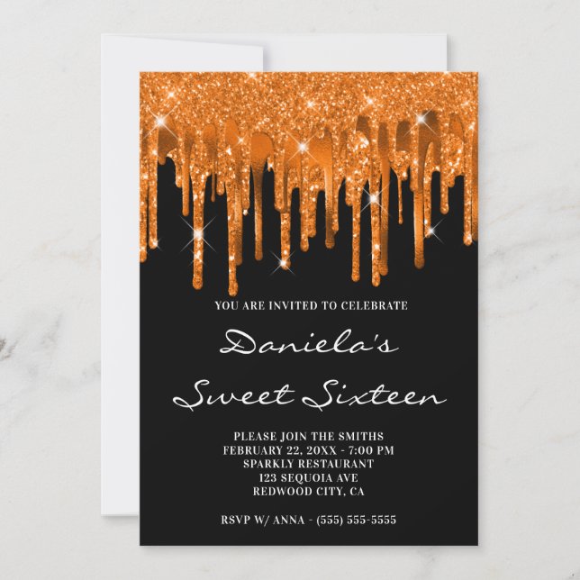 Spicy Orange Glitter Foil Drips Black Sweet 16 Invitation (Front)