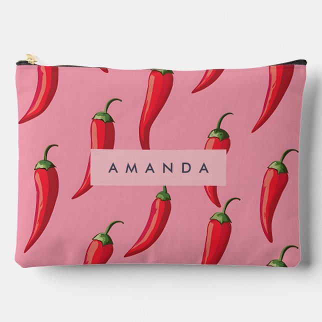Spicy Red Chili Pepper Pattern on Pink Background  Accessory Pouch (Front)