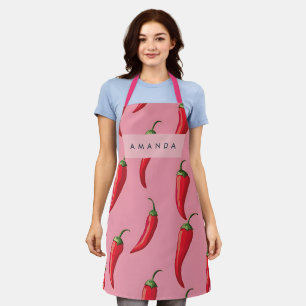 Spicy Red Chili Pepper Pattern on Pink Background  Apron