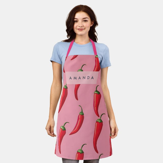 Spicy Red Chili Pepper Pattern on Pink Background  Apron (Worn)