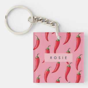 Spicy Red Chili Pepper Pattern on Pink Background Keychain