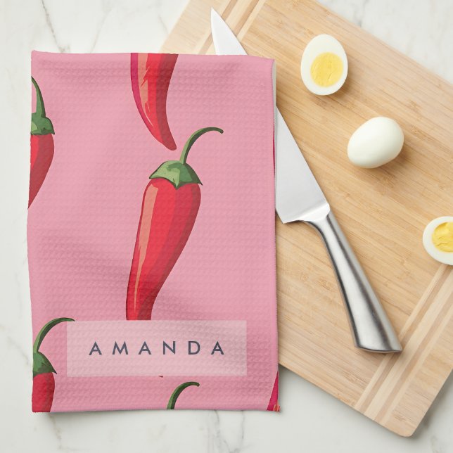 Spicy Red Chili Pepper Pattern on Pink Background  Kitchen Towel (Quarter Fold)