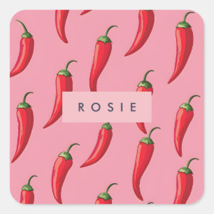 Spicy Red Chili Pepper Pattern on Pink Background  Square Sticker