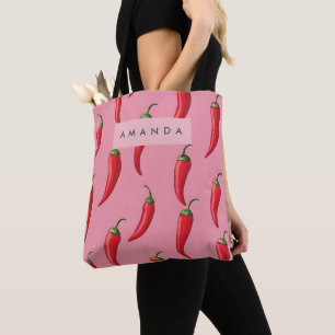 Spicy Red Chili Pepper Pattern on Pink Background Tote Bag