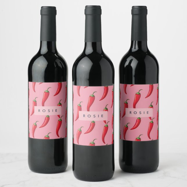 Spicy Red Chili Pepper Pattern on Pink Background  Wine Label (Bottles)