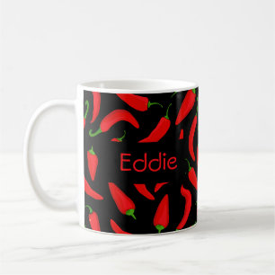 Spicy Red Chili Peppers on Black Custom Coffee Mug