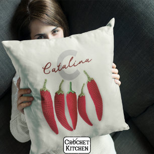 Spicy Red Modern Minimal Crochet Jalapeno Name Throw Pillow