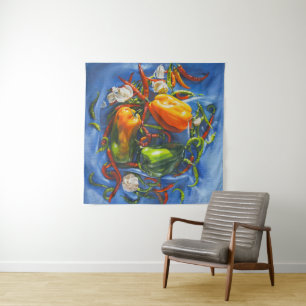 Spicy Still Life with Peppers and Garlic Tapestry