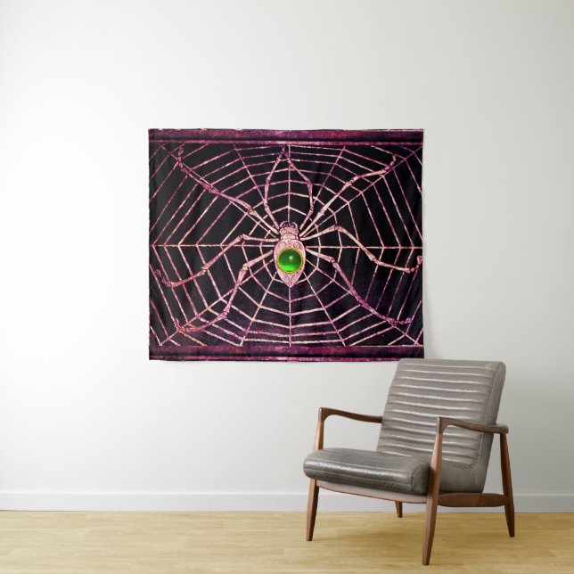SPIDER AND WEB Green Emerald Gemstone Black Tapestry (In Situ (Horizontal))