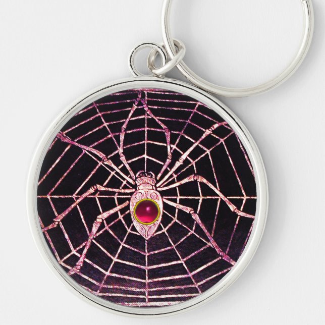SPIDER AND WEB Pink Fuchsia Ruby Black Keychain (Front)