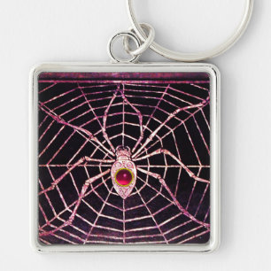 SPIDER AND WEB Pink Fuchsia Ruby Black Keychain