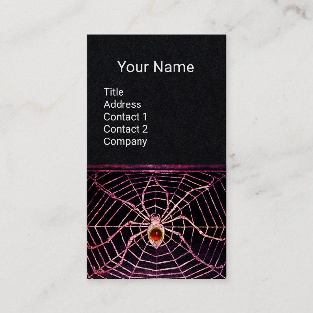 SPIDER AND WEB Red Ruby Gemstone Black Paper Business Card (Front)
