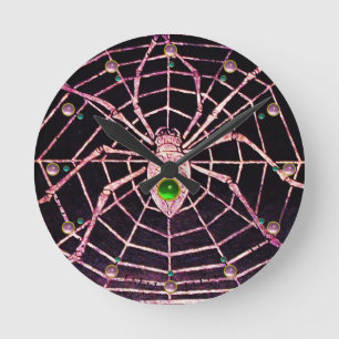 SPIDER AND WEB Red Ruby ,Green Emerald Gems Black Round Clock