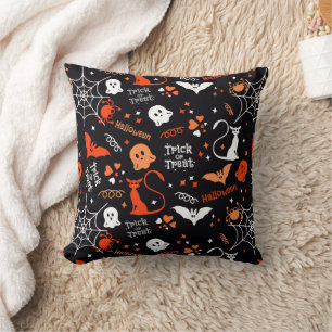 Spider Bat Cat Web Trick Ghost Spooky Halloween Throw Pillow