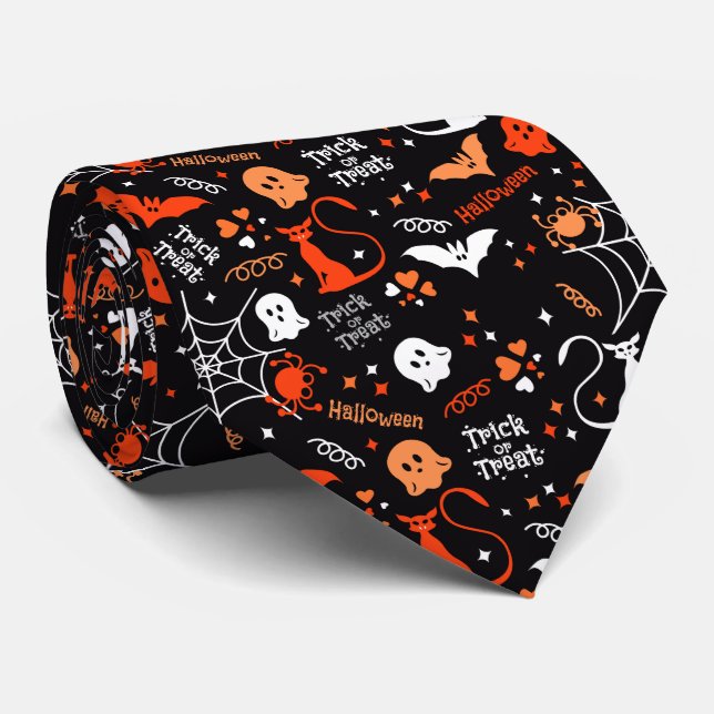 Spider Bat Cat Web Trick Ghost Spooky Halloween Tie (Rolled)