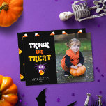Spider Candy Corn Trick Or Treat Halloween Photo Holiday Card<br><div class="desc">This cute Halloween photo card features a cute little spider holding a piece of candy corn on a black background, a greeting that says "Trick Or Treat", and one vertical photo on the front. On the back you will find a cute candy corn pattern that can be removed or edited...</div>