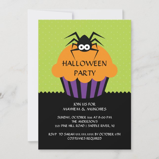 Spider Cupcake Halloween Party Invitation for Kids (Front)