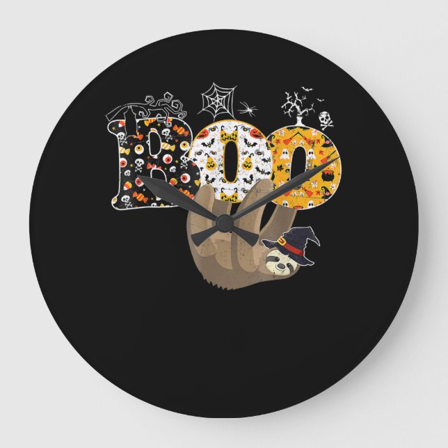Spider Gift | Boo Halloween With Sloth Witch Hat Large Clock (Front)