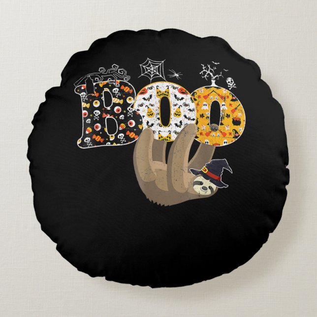 Spider Gift | Boo Halloween With Sloth Witch Hat Round Pillow (Front)
