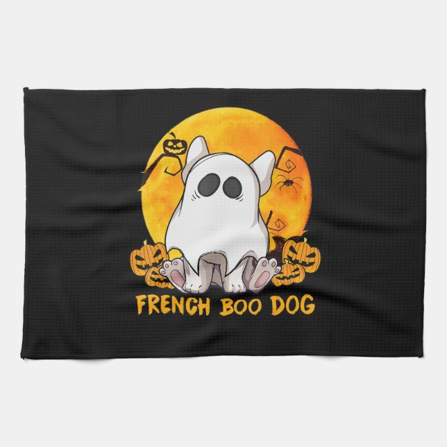 Spider Gift|French Boo Bulldog With Pumpkin Spider Kitchen Towel (Horizontal)