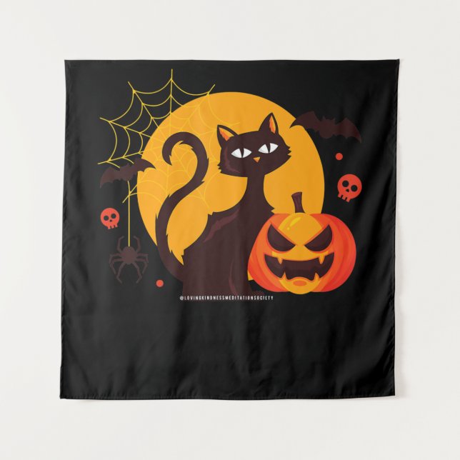 Spider Gift | Halloween Black Cat Spider Pumpkin Tapestry (Front)