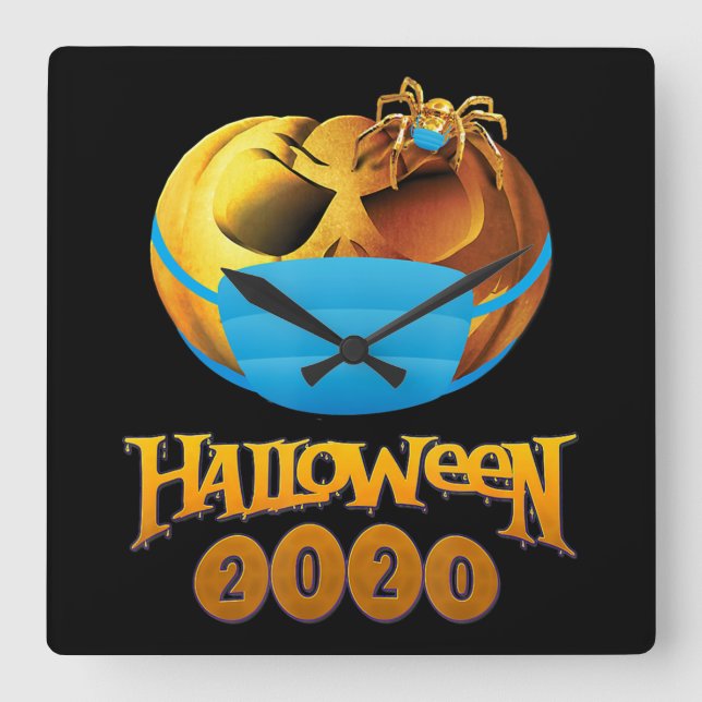 Spider Gift | Halloween Pumpkin And Spider Mask Square Wall Clock (Front)
