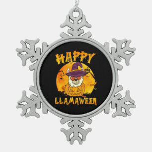 Spider Gift   Happy Llamaween Llama Witch Spider Snowflake Pewter Christmas Ornament