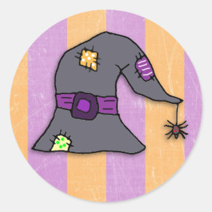 Spider hanging from Witch's Hat Halloween Classic Round Sticker